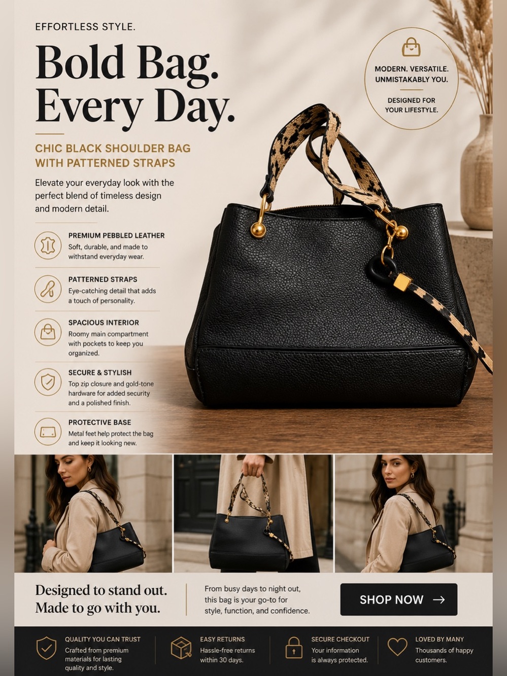 Chic Black Shoulder Bag with Patterned Straps